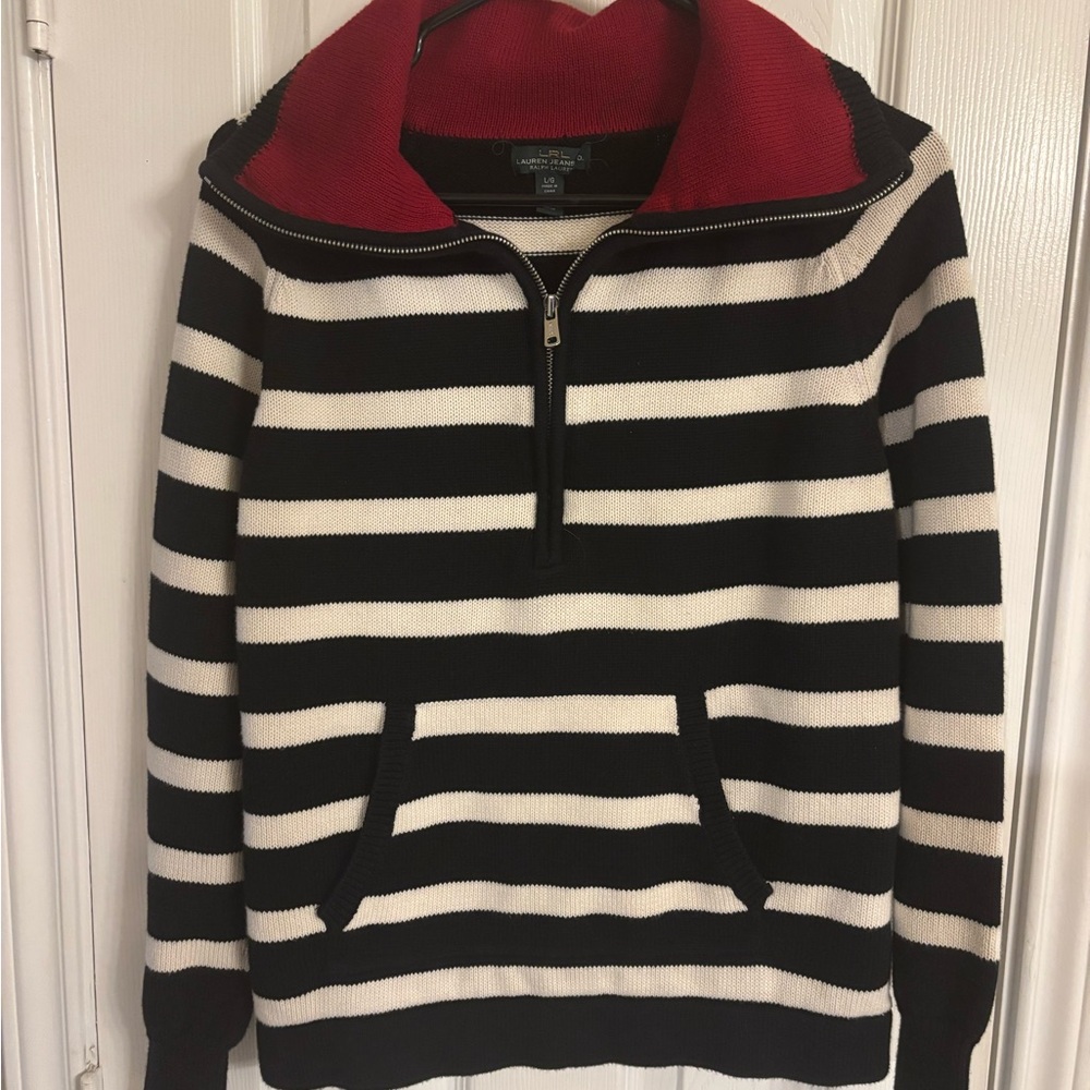 Ralph Lauren Black and White Striped Sweater with Red Collar